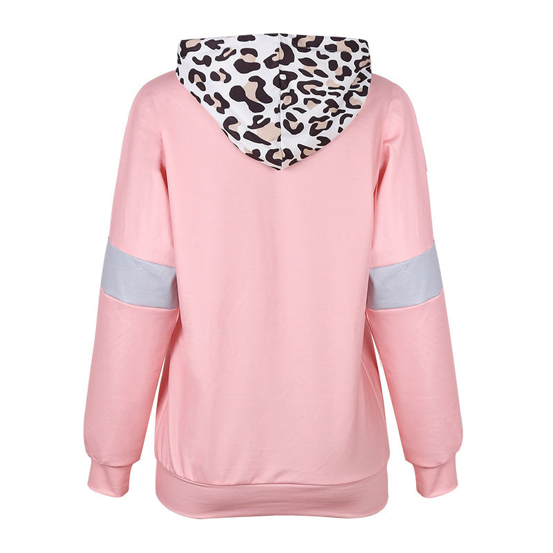 Leopard Print Long-Sleeved Hooded Stitching Padded Sweater