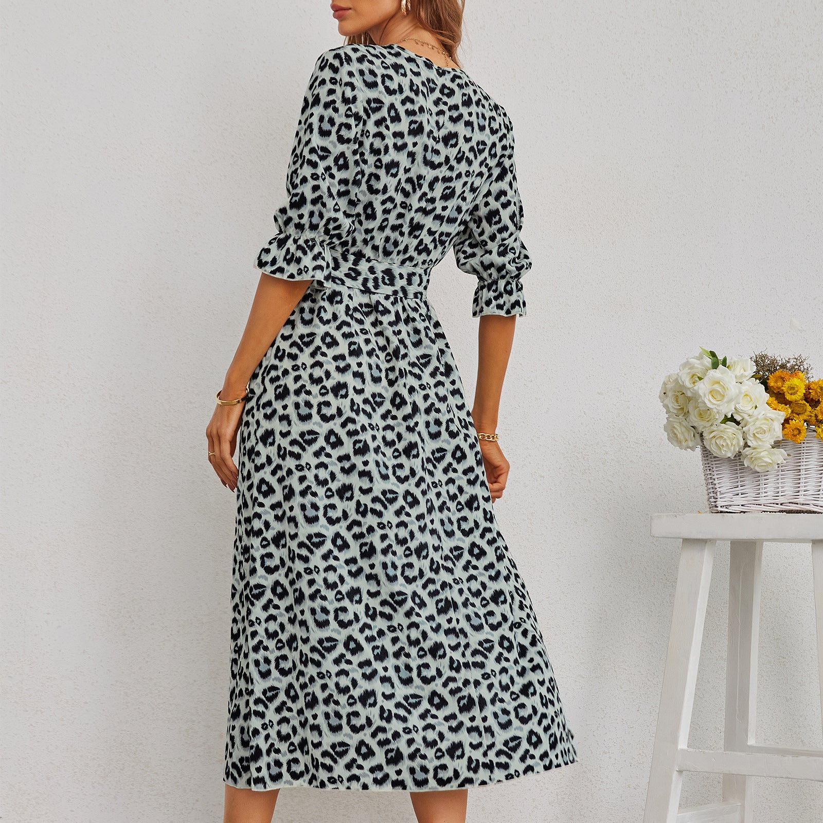 Europäisches und amerikanisches Damen Leopard Print Schlitzkleid
