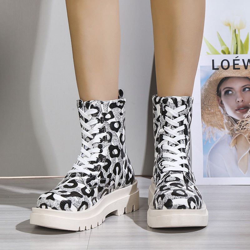 Frauen Martin Stiefel Schwarz Weiß Leopard Print Niedrig Heel Schuhe Cowgirl Stiefel