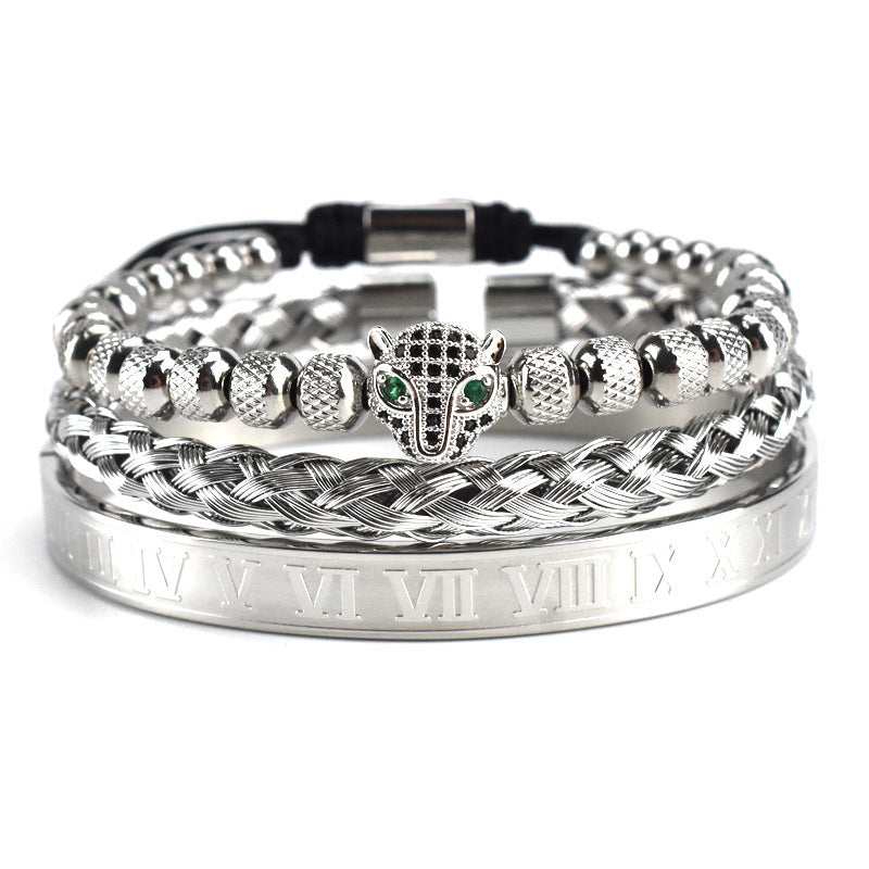 Europäisch und Amerikanisch Antik Leopard Kopf Mesh Woven Armband Edelstahl Römische Zahl Fried Dough Twist Armband