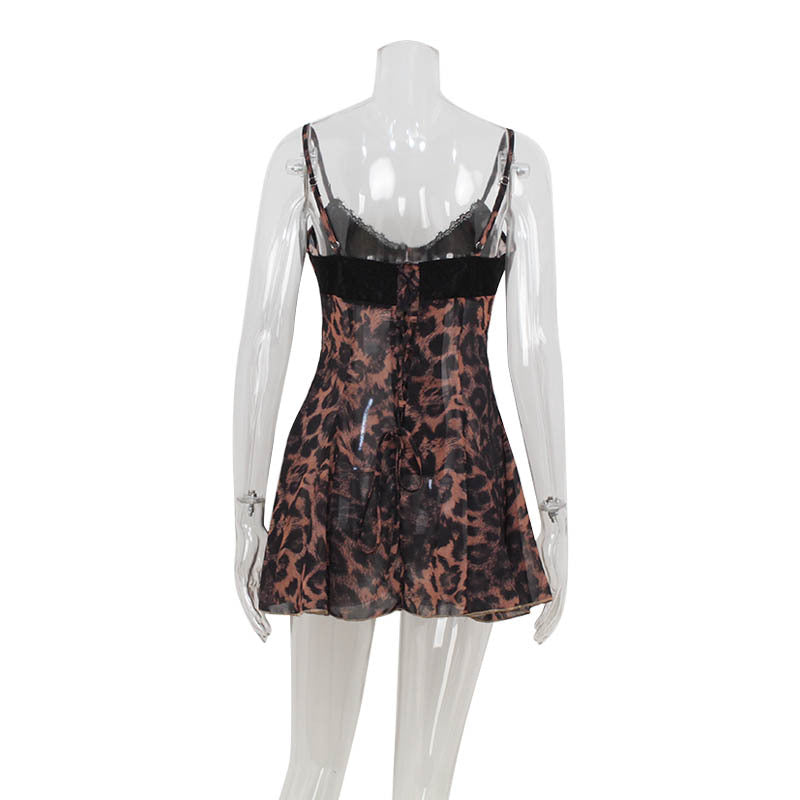 Leopard Print Strappy Low-cut Lace Stitching Dress for Her