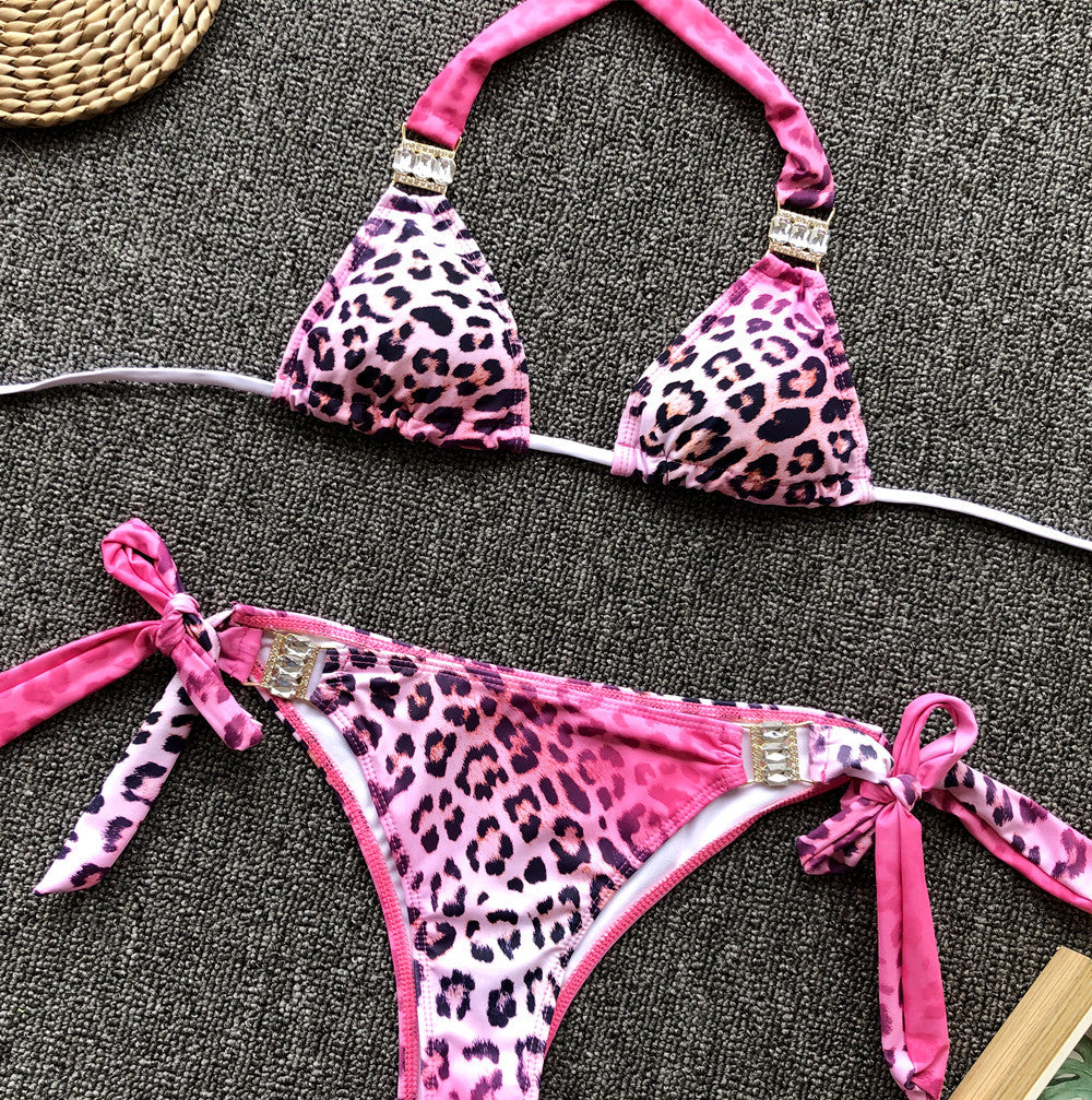 Pink Leopard Print Sexy Split Swimsuit