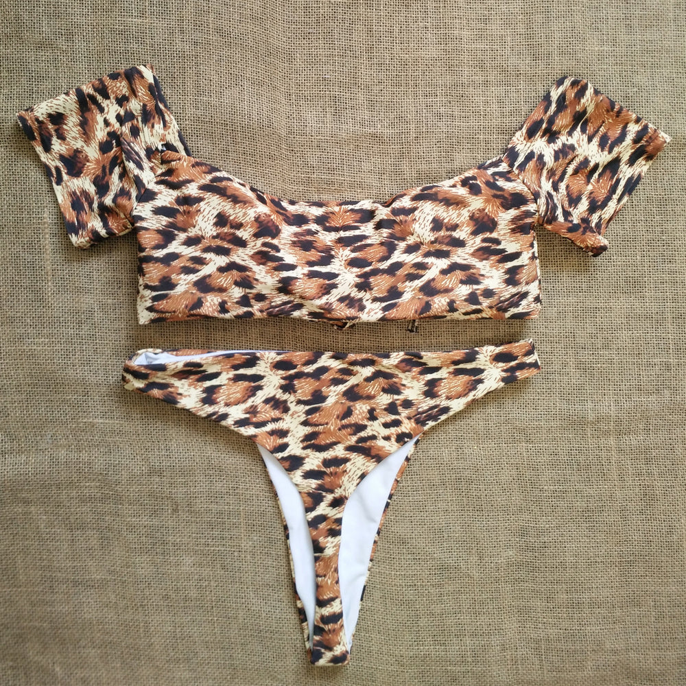 Leopard print strap tube set bikini swimsuit
