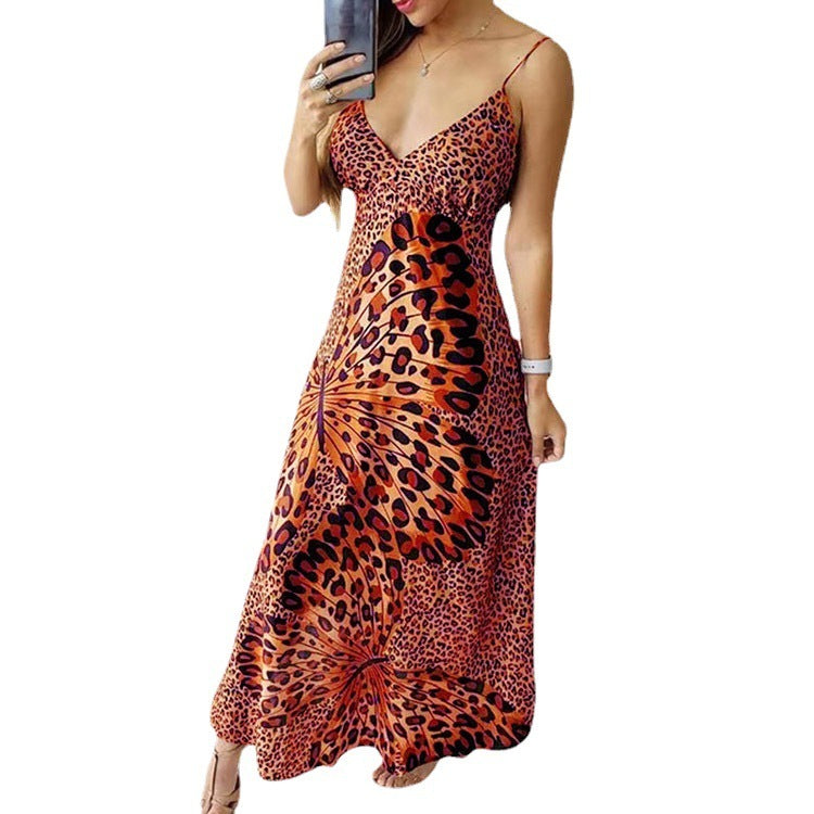 Damen Sling Leopard Print Schmetterling Print Kleid