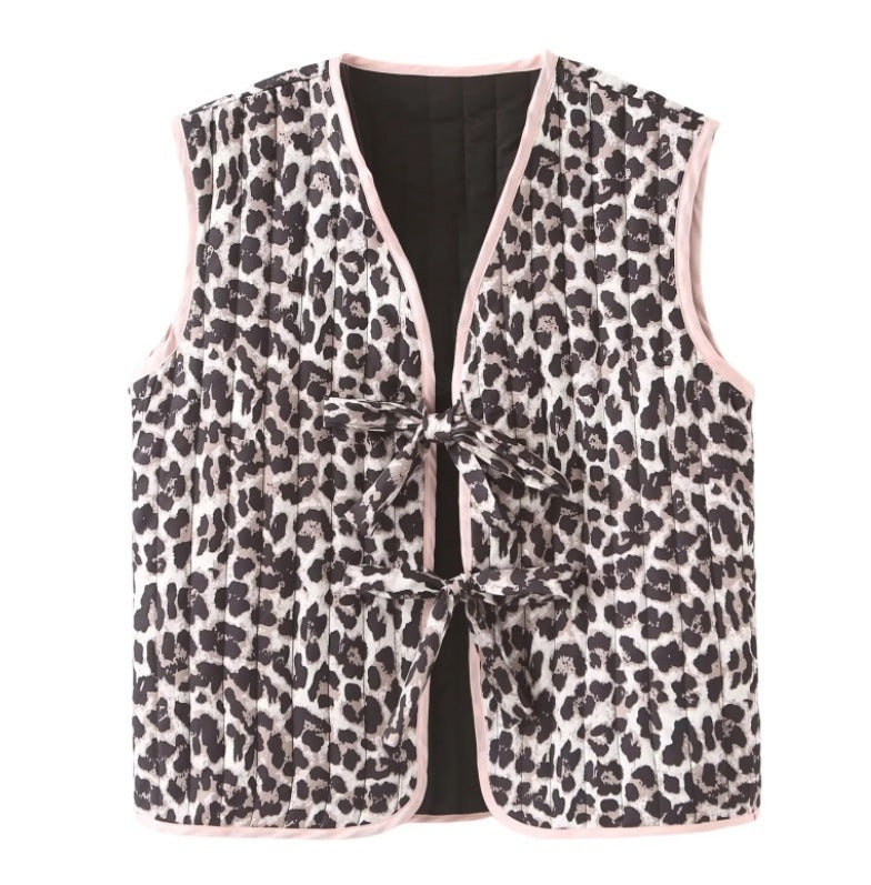 Leopard Bow Lace-up Vest Warm