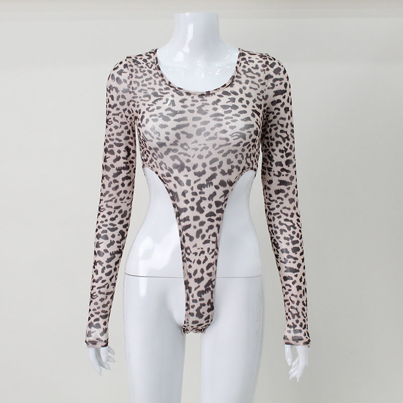 Women's New Sexy Mesh Leopard Print Jumpsuit