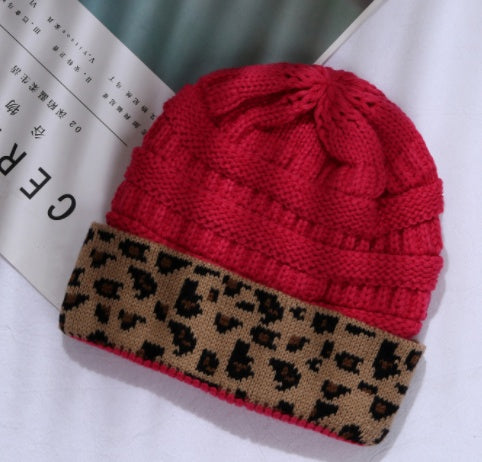 Damen Herbst Winter Leopard Print Cuffed Acryl gestrickt Hut