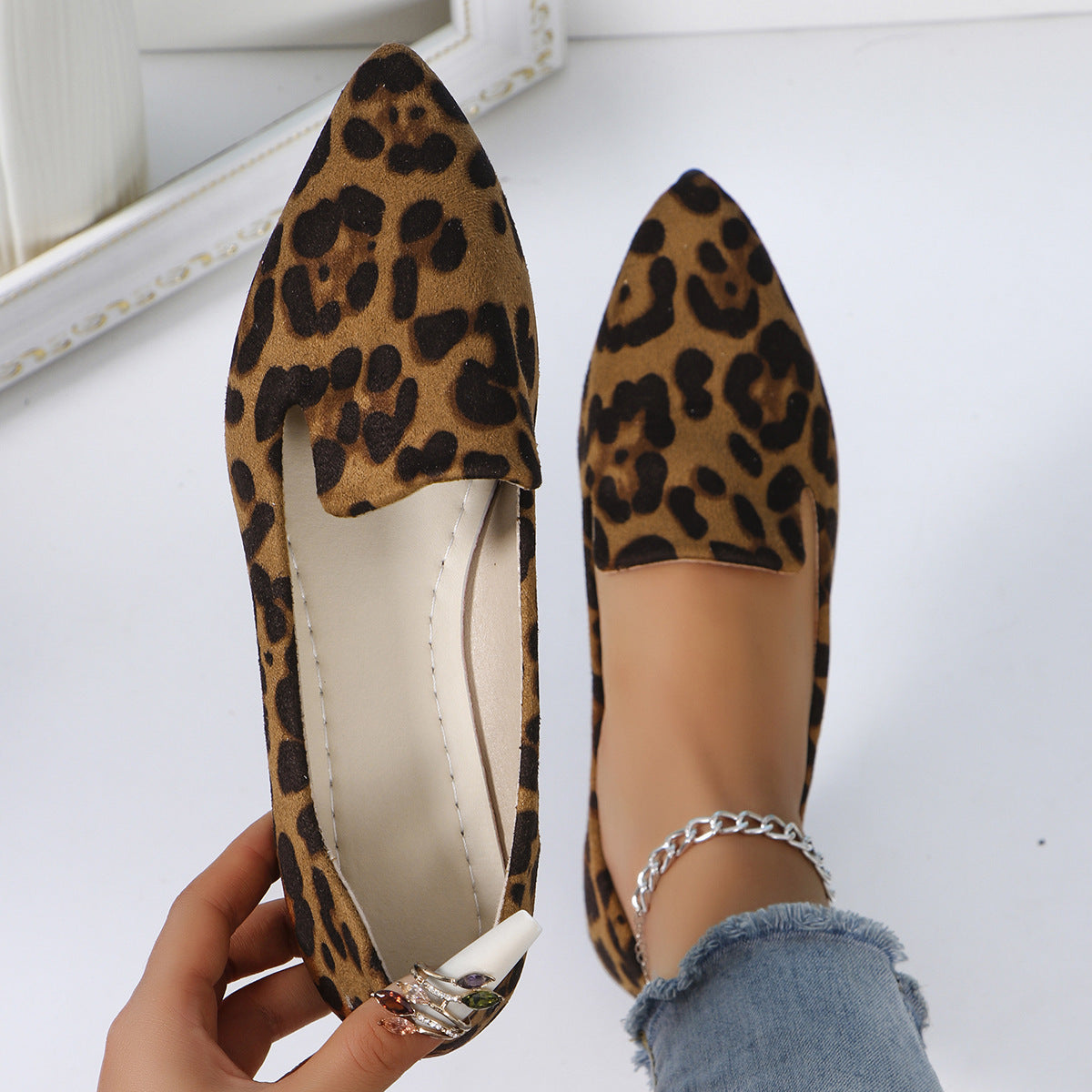 Leopardenmuster Shallow Mouth Pointed Flache Schuhe Casual