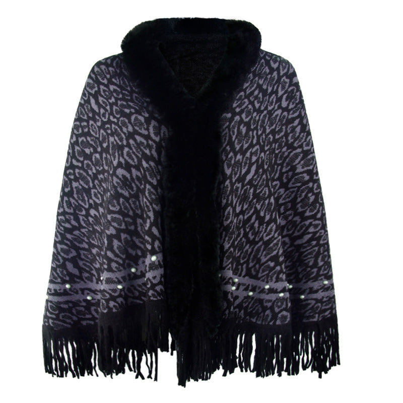 Women's Fringed Warm Leopard Print Fur Collar Coat