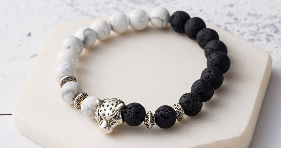 8mm Naturstein Lava Stein Perlen Armband für Männer Leopard Kopf Leopard Anhänger Charme Armband handgemachten Schmuck
