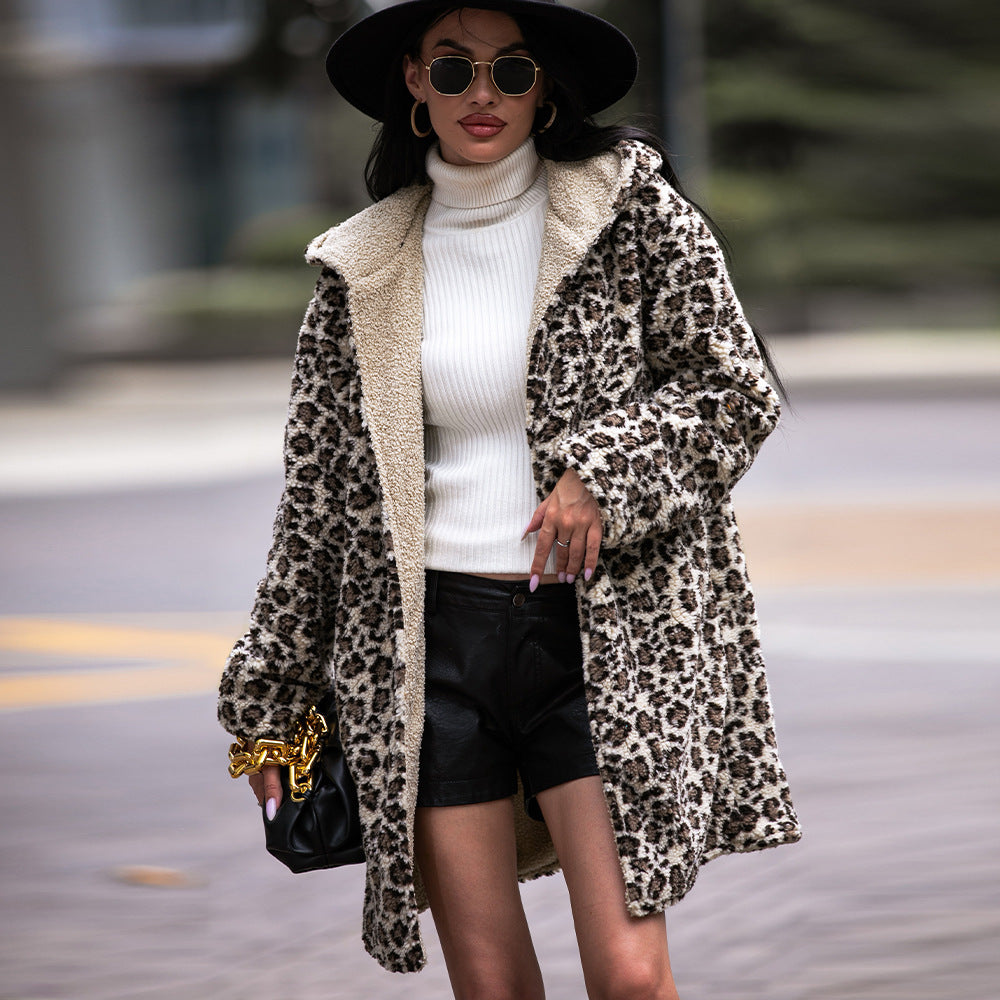 European And American Hooded Plush Top Leopard Fashion Brand Fleece Padded Coat