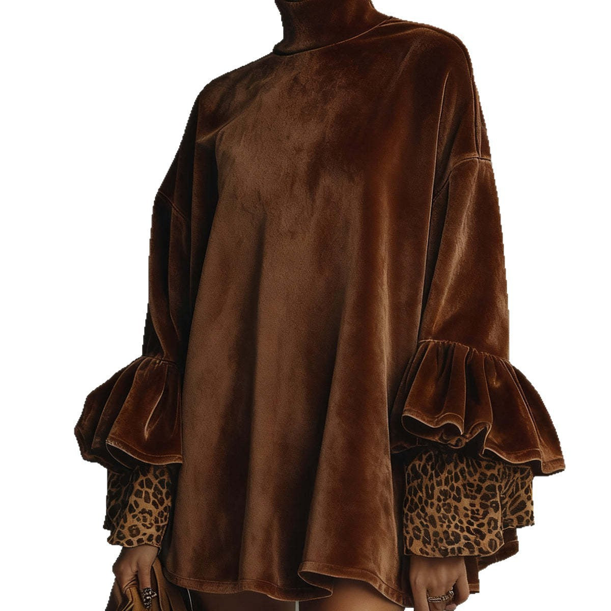 Autumn And Winter New Gold Velvet With Leopard Print Turtleneck Dress