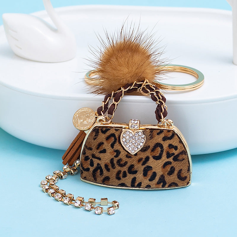 Mink Fur Key Ring Personalized Leopard Handbag