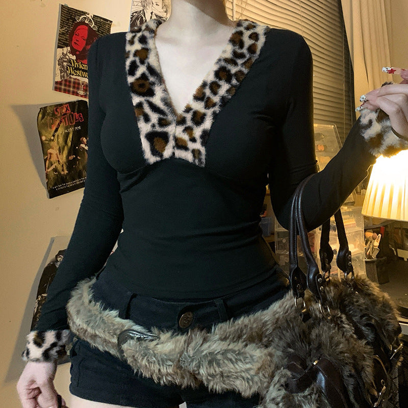 French Sexy Hot Girl Leopard Print Base All-matching T-shirt Sweater