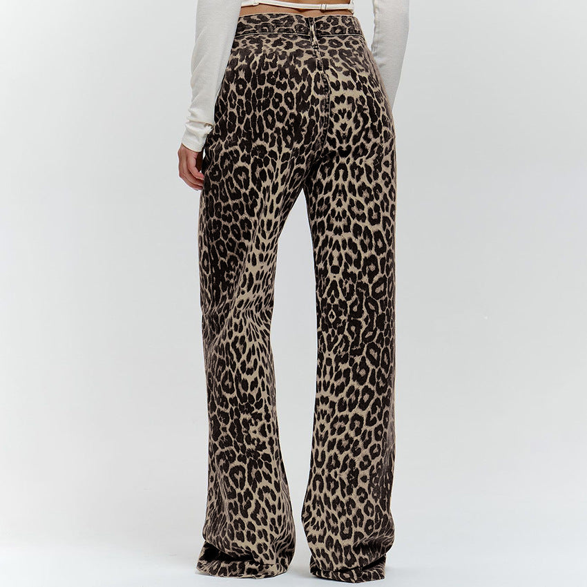 Summer Retro Street Style Loose Low Waist Leopard Print Trousers Versatile Cotton Wide Leg Pants Casual Pants