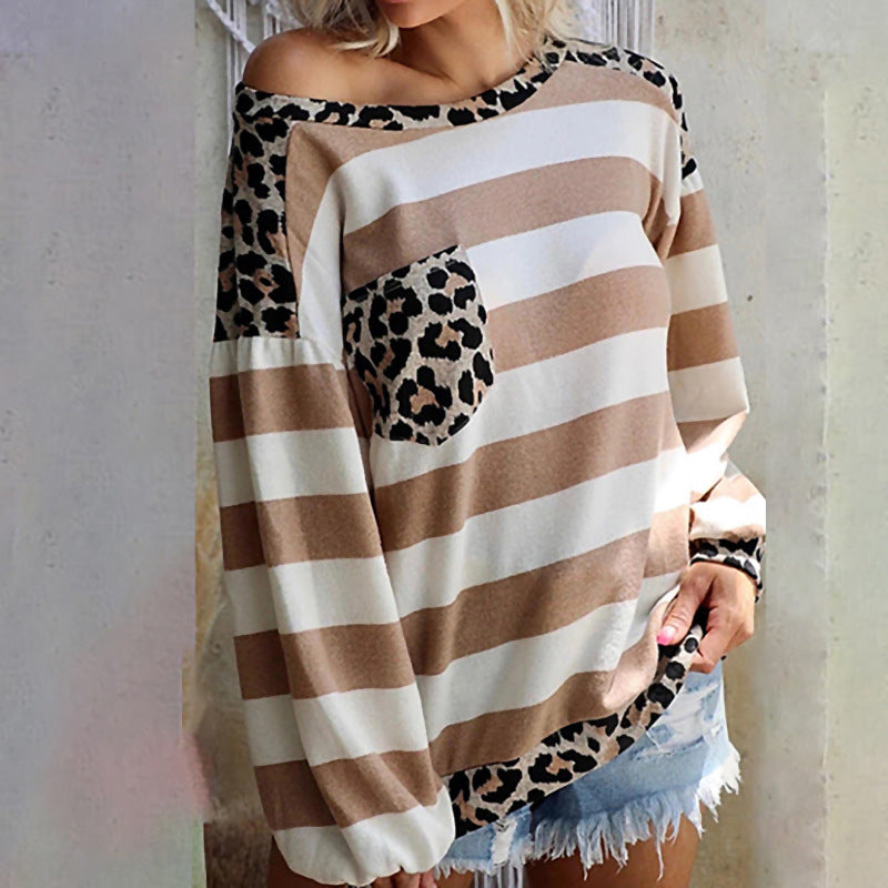 Printed Long Sleeve Stitching Leopard Print Pocket Loose Top