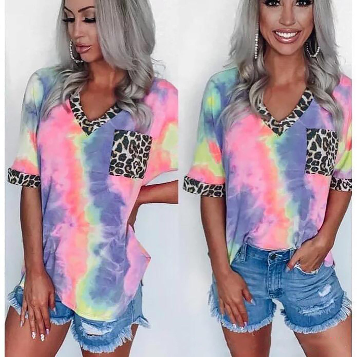 T-Shirt mit Leopardenmuster und loser Krawatte