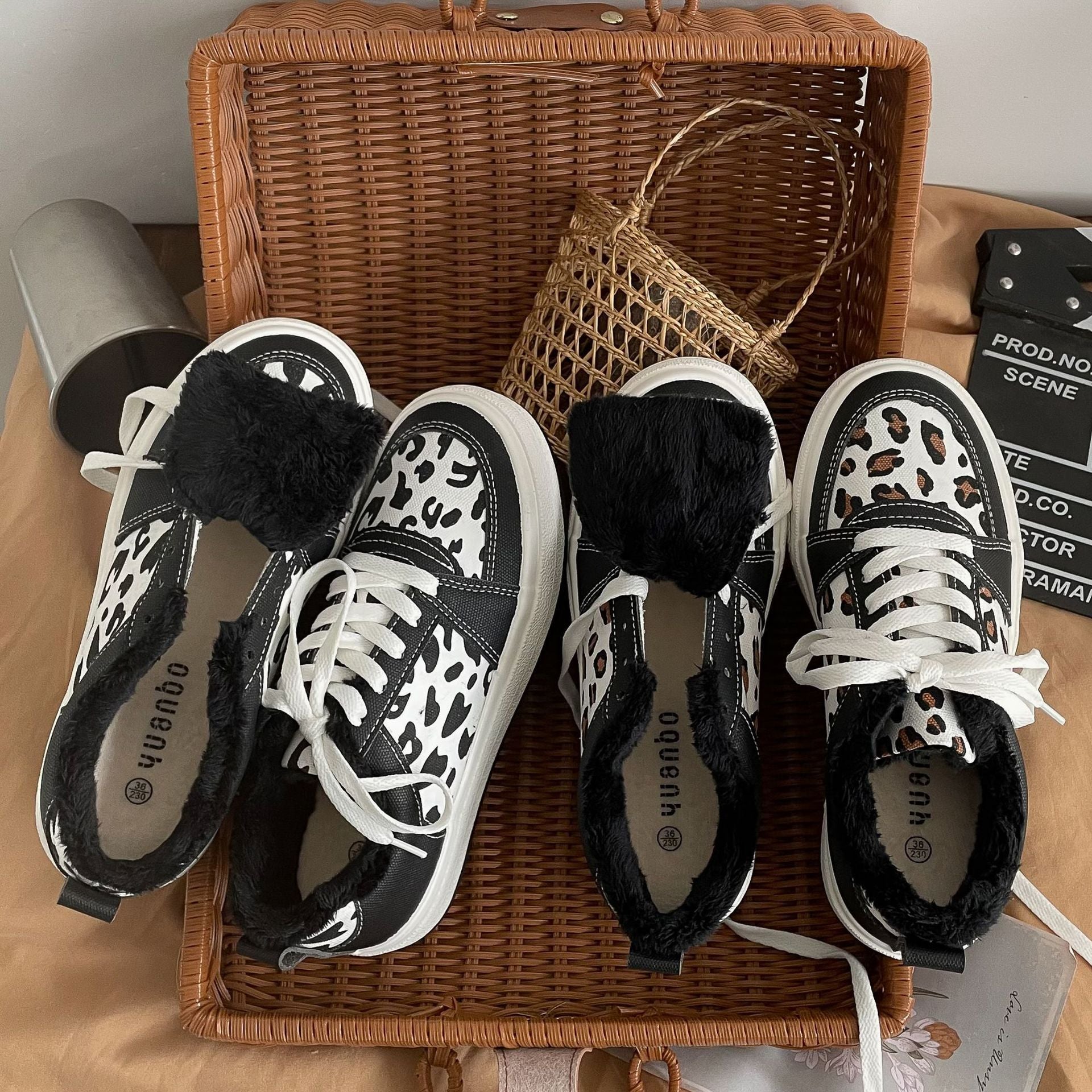 Damen Casual Winter Leopard Print mit Samt Canvas Schuhe