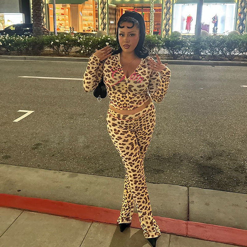Leopard Print Hohe Taille Enge Hose Anzug