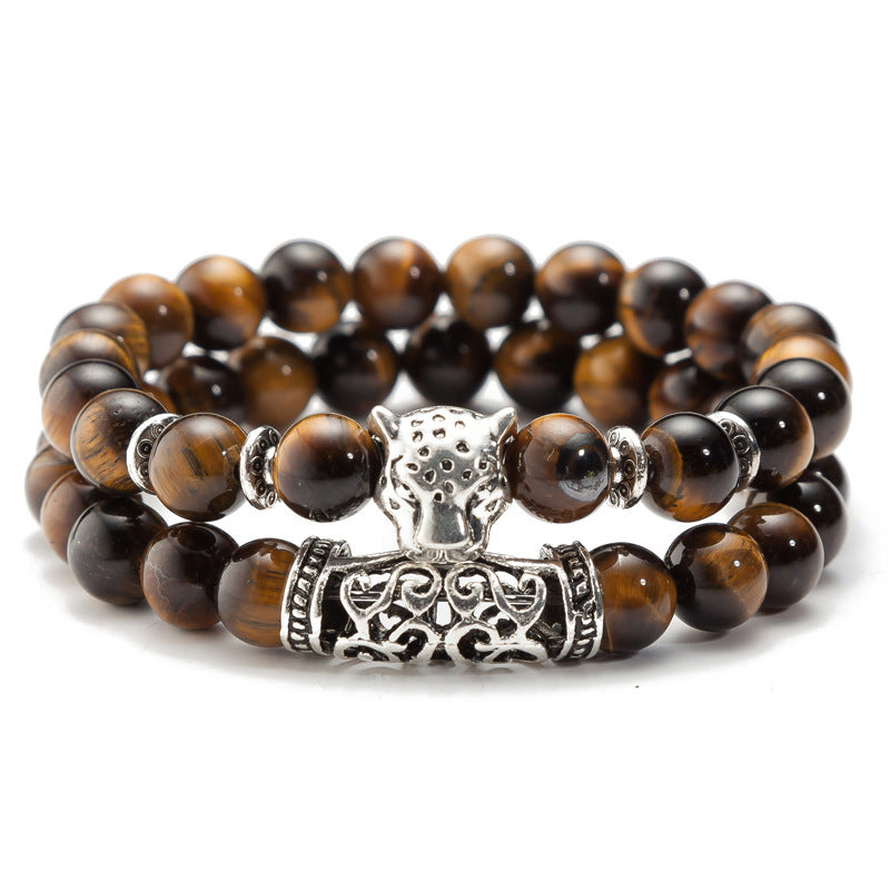 Achat Perlen Ornament Lava Vulkanstein Leopard Kopf Set Armband
