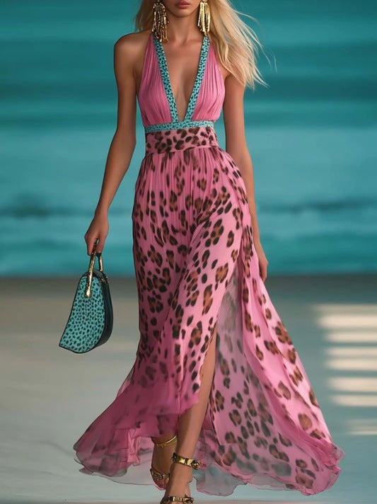 Leopard Print V-neck Waist-controlled Slimming Temperament Camisole Dress for Her