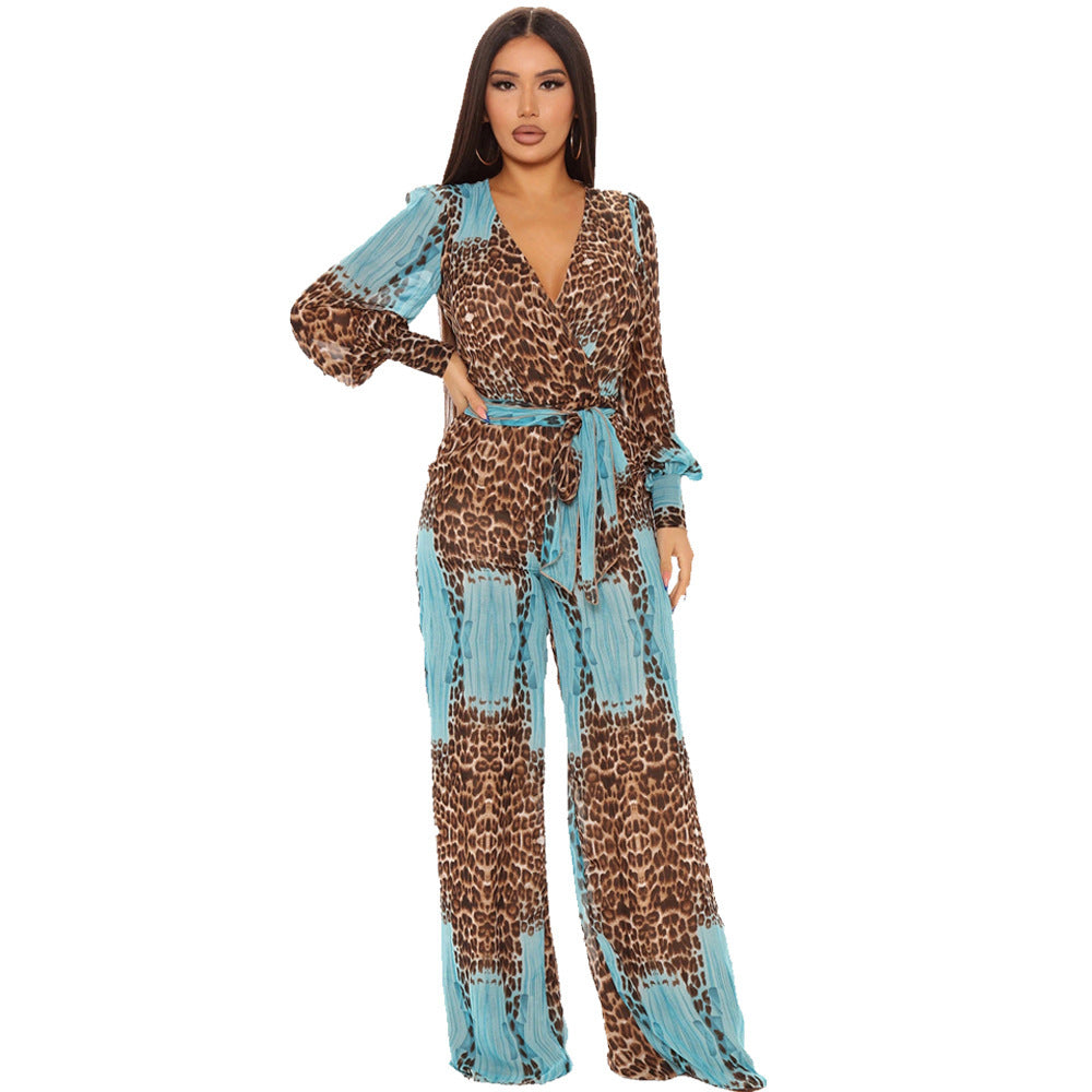 Sexy Leopard Belt Fashion Digital Printing Long V-neck Chiffon Jumpsuit