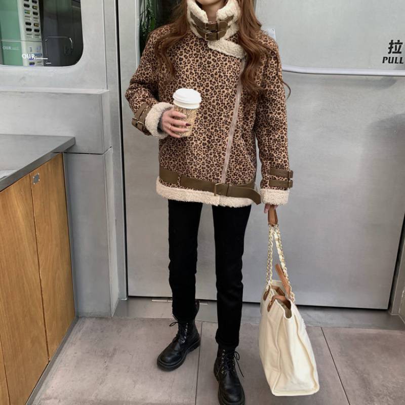 Leopard Print Coat Stitching Lamb Hair Lapel Thickened Long Sleeves