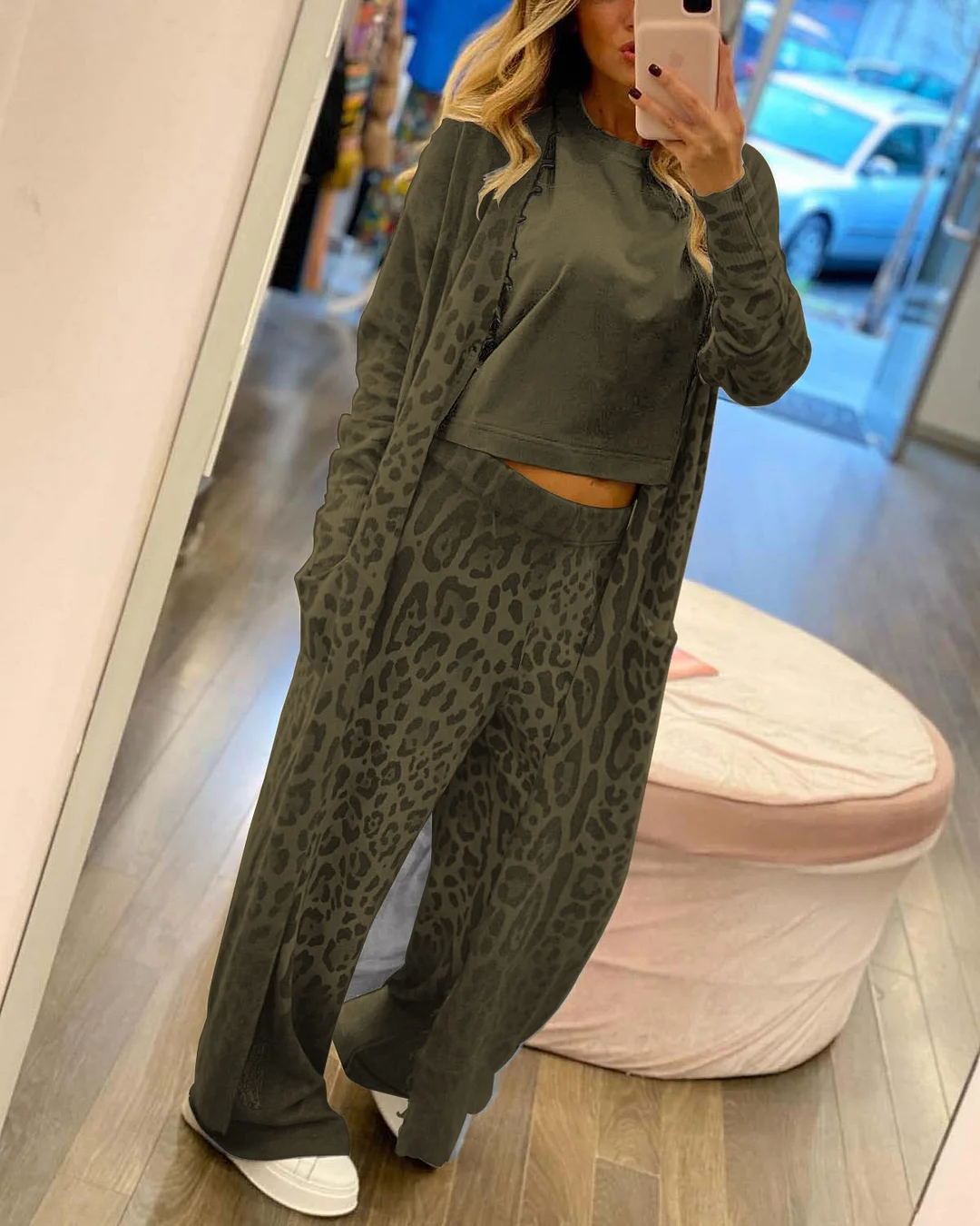 Leopard Print Langarm Strickjacke Jacke Hose Anzug Frauen