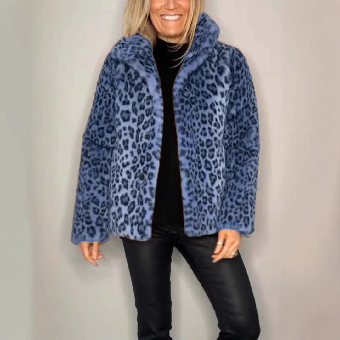 Winter New Warm Women's Fashionable Leopard Print Lapel Faux Leather Woolen Top