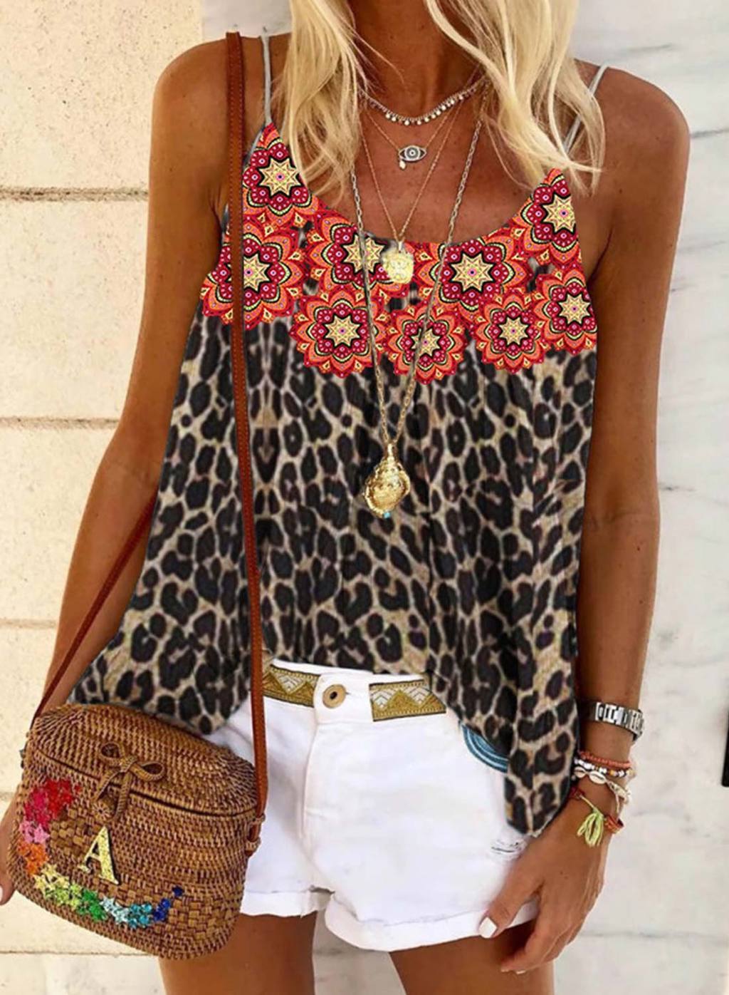 Ladies Popular Flower Leopard Print Sling Shirt