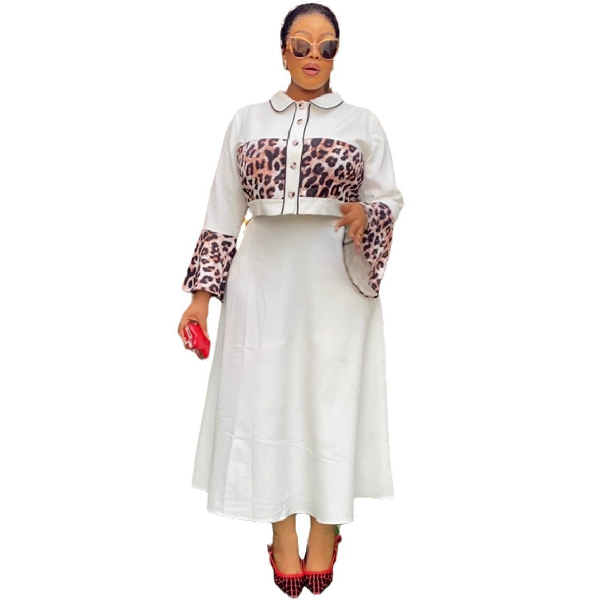 Leopardenmuster Patchwork-Top Langes Kleid Anzug
