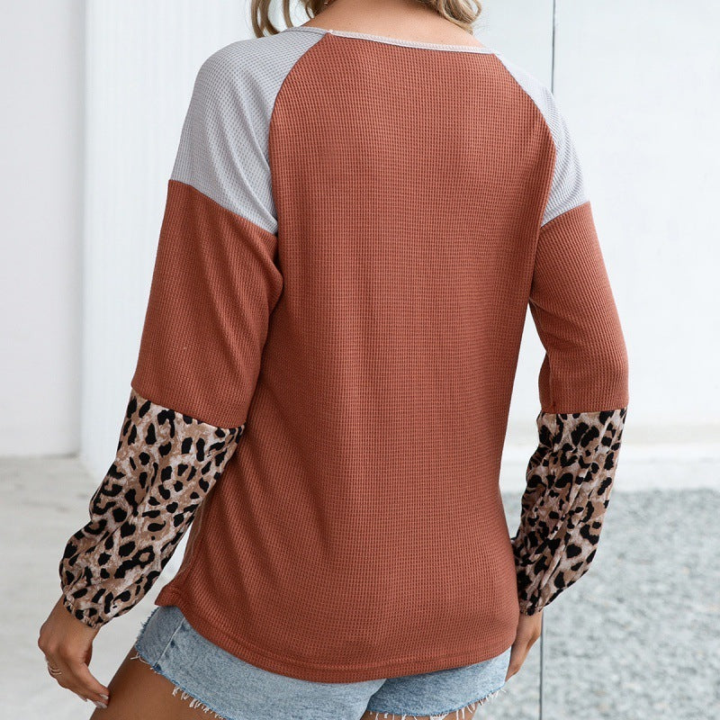 Waffel Leopard Style Kontrast Langarm Crewneck Pullover T Shirt