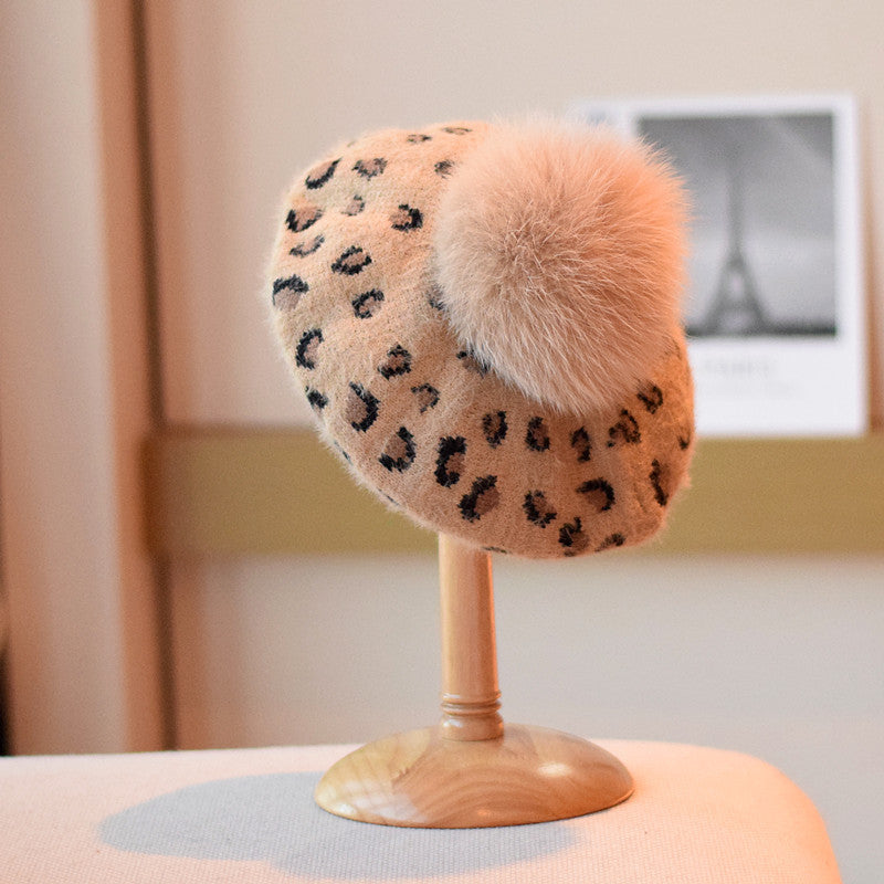 Retro-Mink-artig Wolle Alle Spiele Leopard Hut Mode
