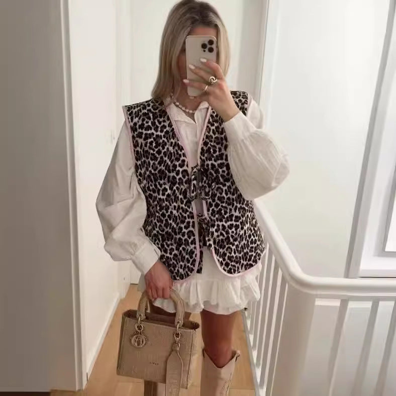 Leopard Bow Lace-up Vest Warm