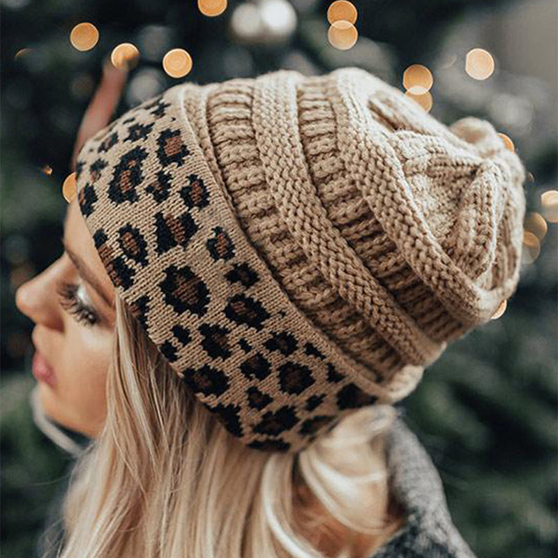 Damen Herbst Winter Leopard Print Cuffed Acryl gestrickt Hut
