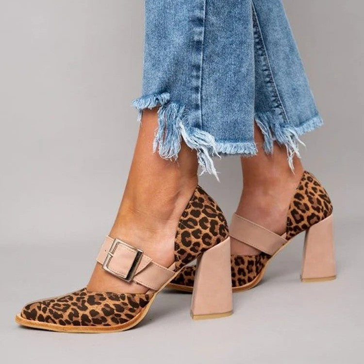 Spring Fashion High Heel Pointed Belt Buckle Leopard Print Sandals
