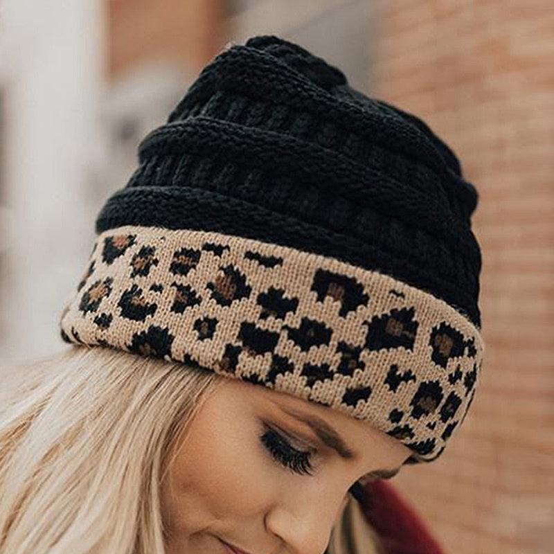 Damen Herbst Winter Leopard Print Cuffed Acryl gestrickt Hut