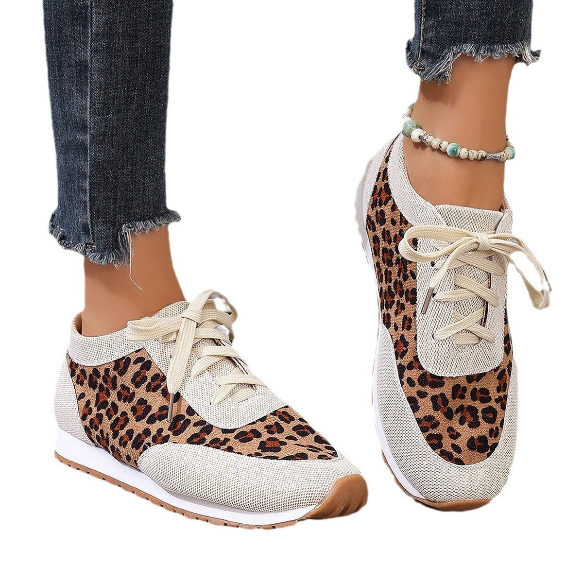 Flache Boden Leopard Print Lace Up Casual Sportschuhe