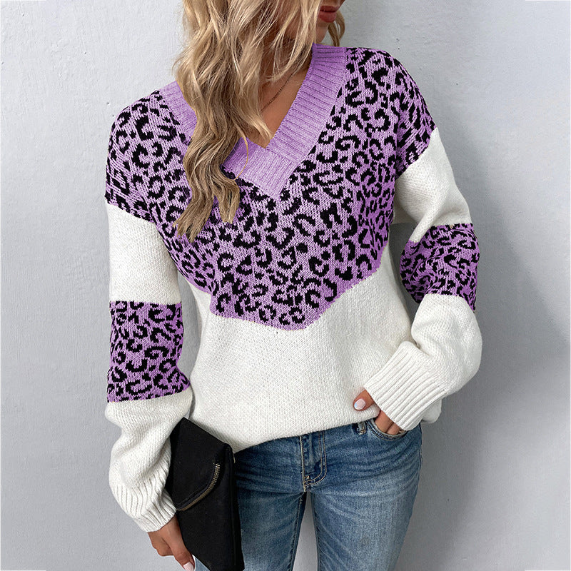 Fur Rain V-neck Pullover Contrast Color Leopard Print Sweater