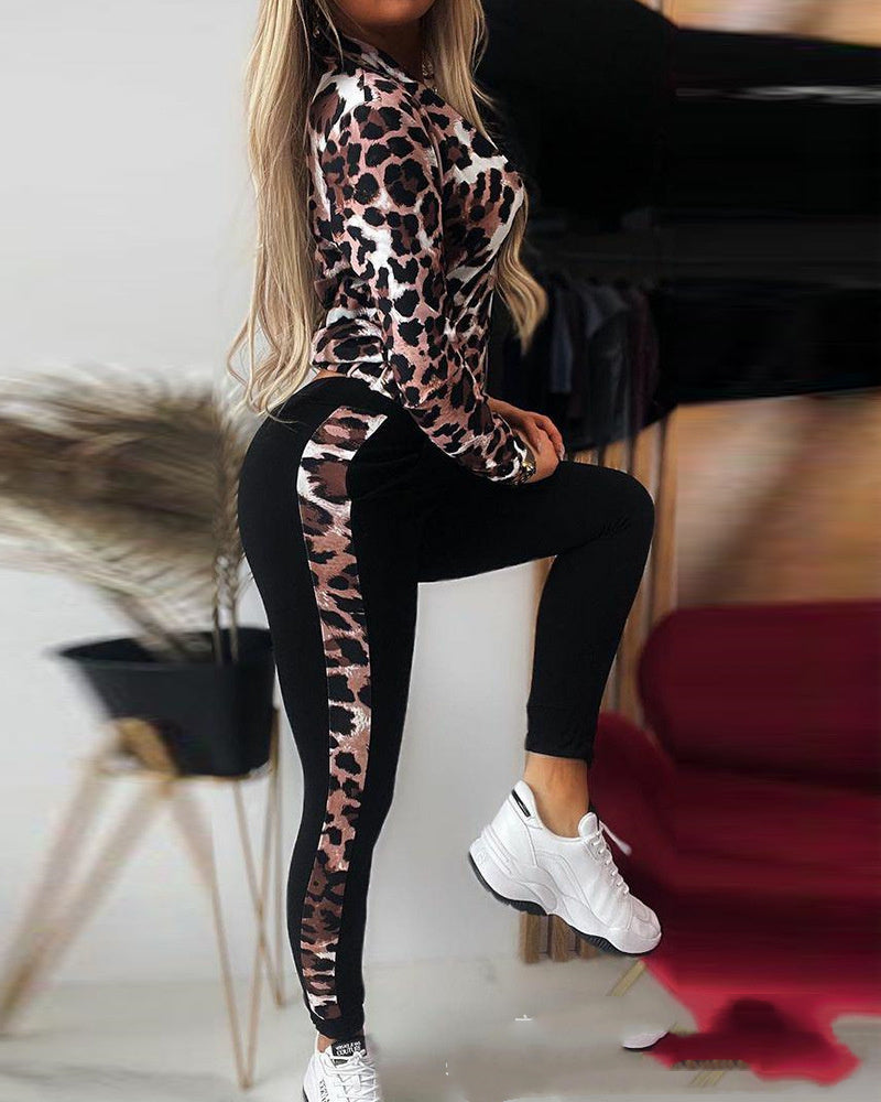 Europäische und amerikanische neue Leopard Print Stitching Casual Anzug