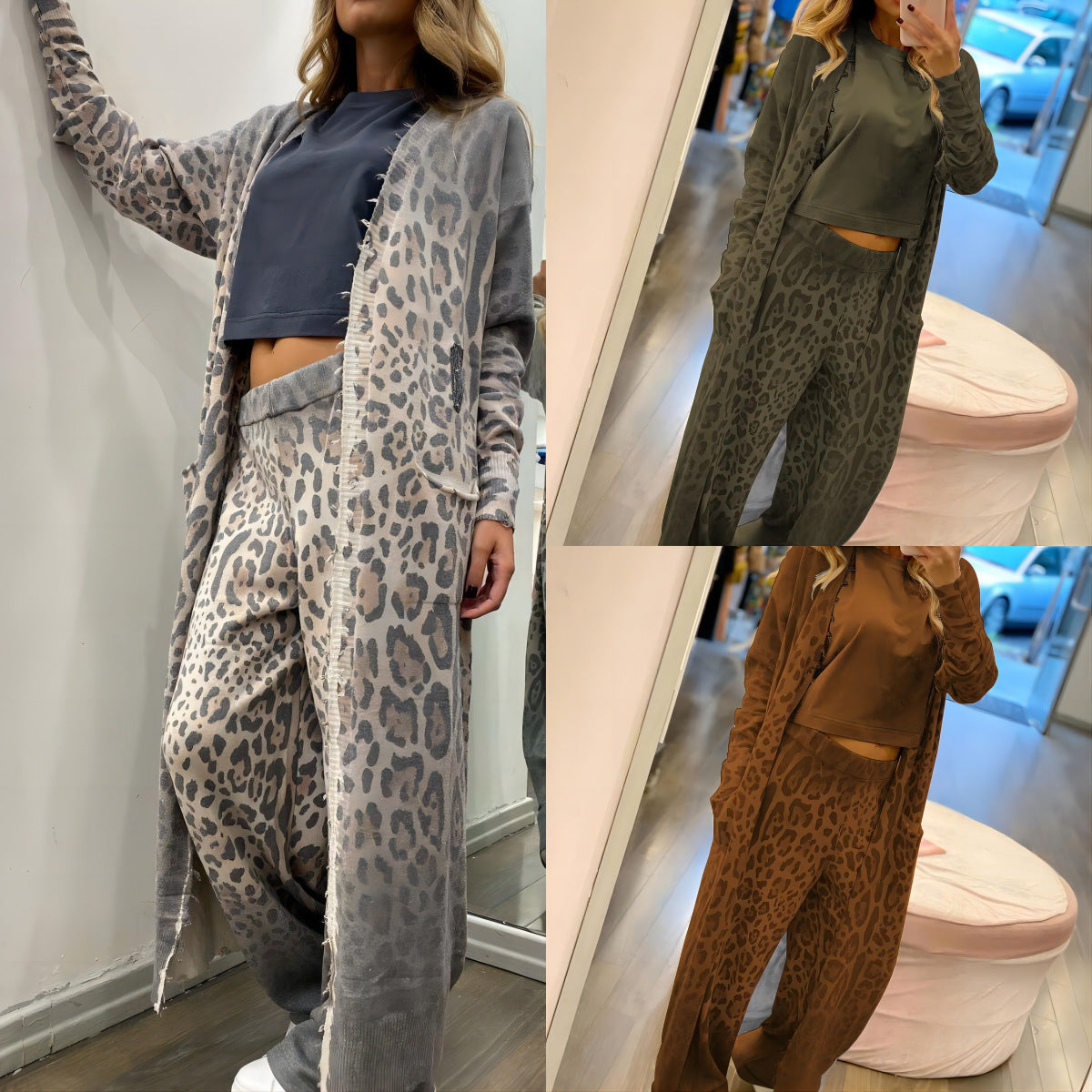 Leopard Print Langarm Strickjacke Jacke Hose Anzug Frauen