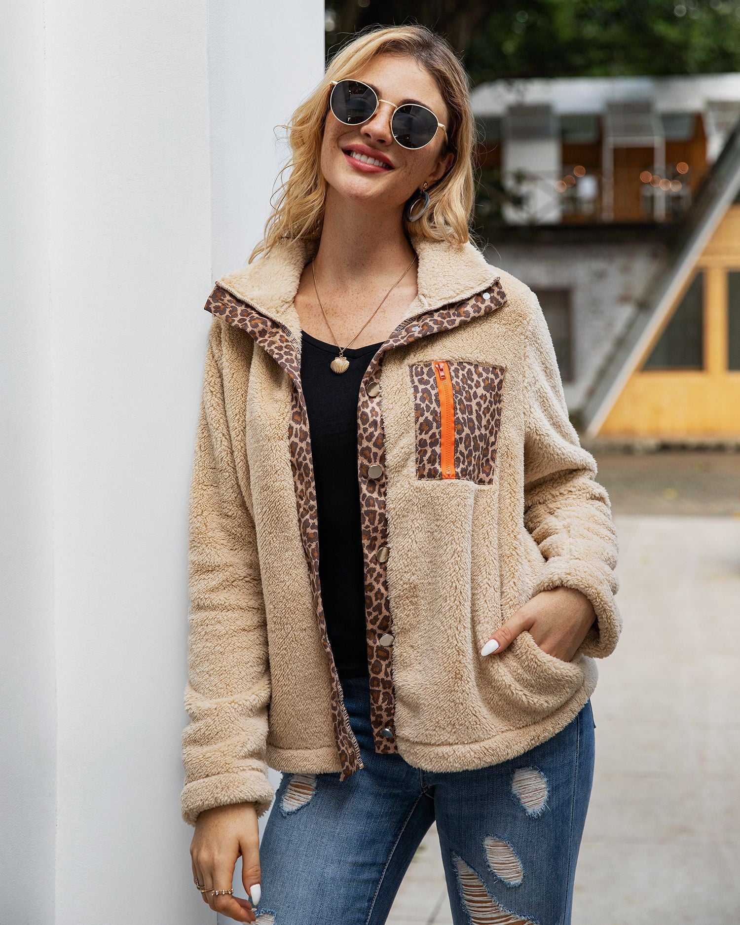 Leopard zipper plush coat