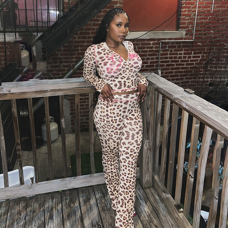 Leopard Print Hohe Taille Enge Hose Anzug