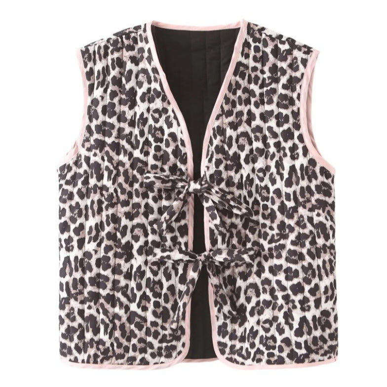 Leopard Bow Lace-up Vest Warm