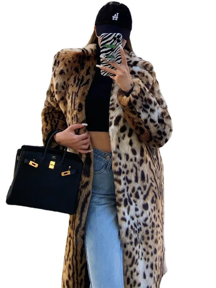 Damenmode Leopardenmuster Anzugkragen Pelzmantel