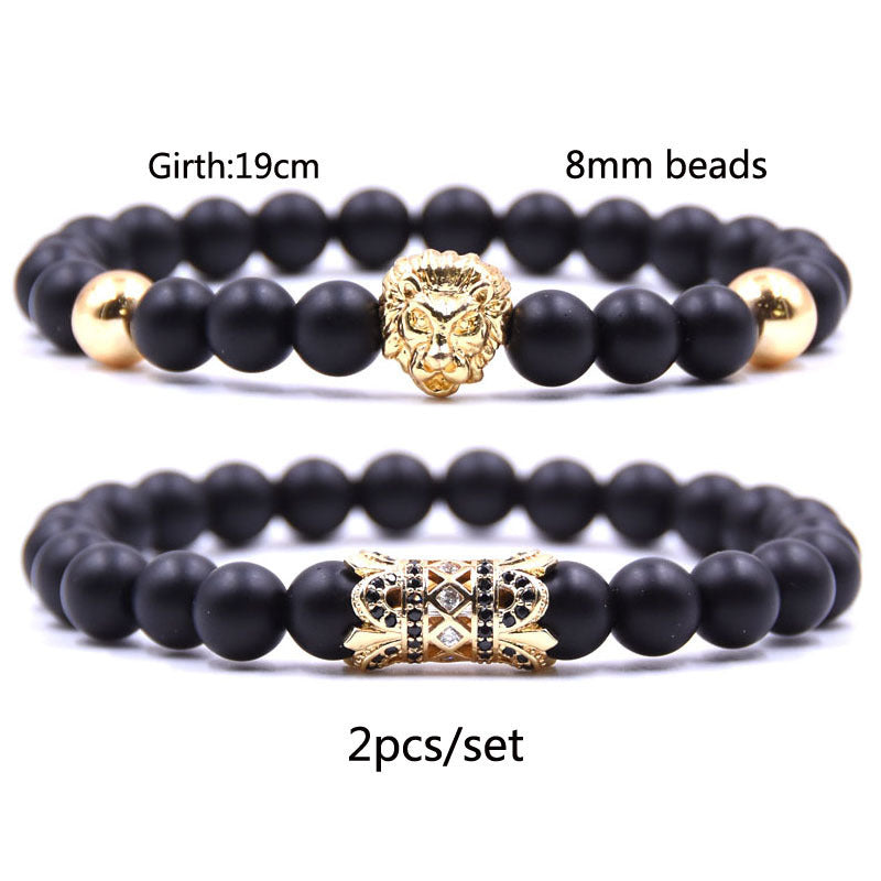 2 Stück Set von Beast King Lion Head Armband schwarz natürlichen matten Micro-inlaid Zirkon Paar Armband Set Herrenschmuck