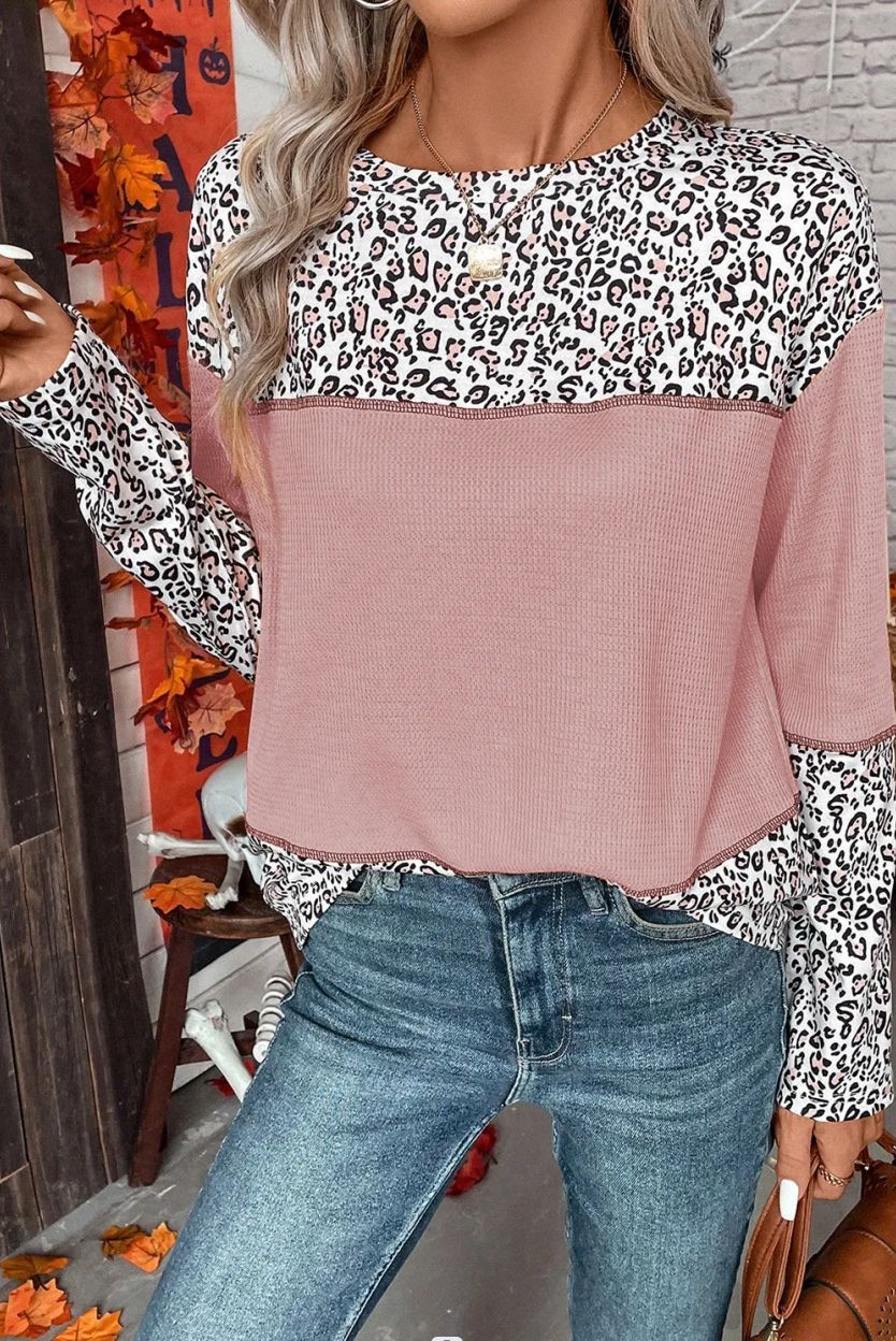 European And American Pullover Round Neck Leopard Splicing Waffle Sweater