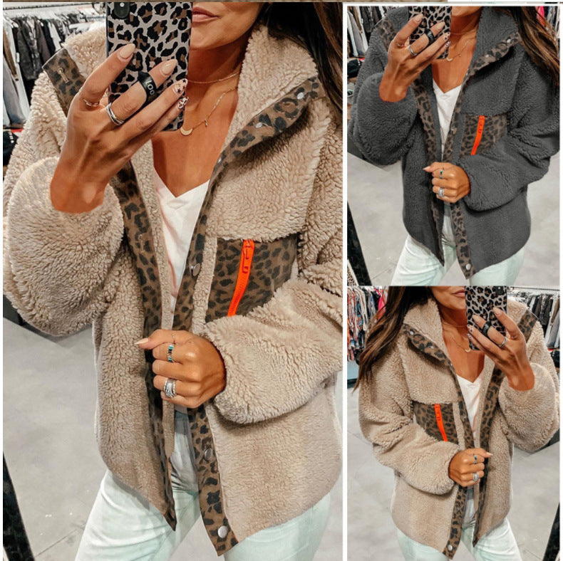 Women's Leopard Print Zipper Long Sleeve Plush Jacket