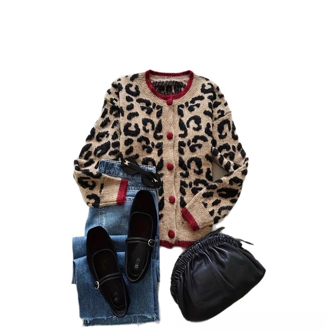 Retro Contrast Color Leopard Print Cardigan Round Neck Sweater