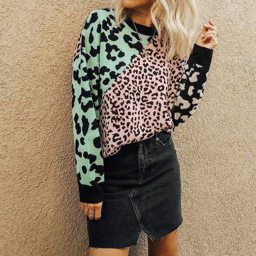 New Popular Fashion Leopard Print Spliced Knit Sweater - Contrasting Cuff Design, Soft And Warm Winter Women's Clothing